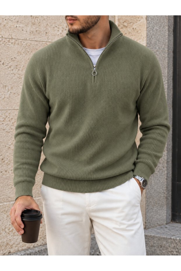 Men's Stand-Up Collar Half-Zip Thick Knit Winter Sweater.