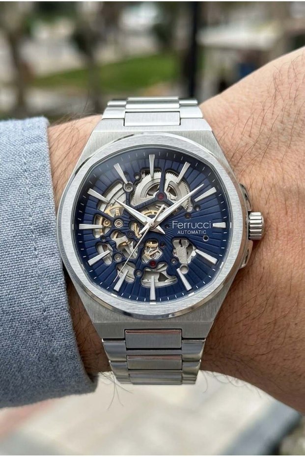 Modern Skeleton Men's Automatic Watch | 39 mm Steel Case, Navy Blue Dial