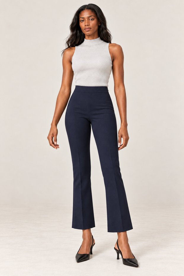 Women's Winter Fabric High-Rise Spanish Flare Pants - Flexible Fabric, Elastic Waist, Hidden Zipper Fabric Pants