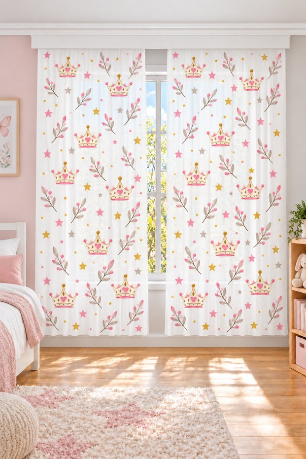 Princess Crown Patterned Pink Gray Girls' Room Tulle Curtain