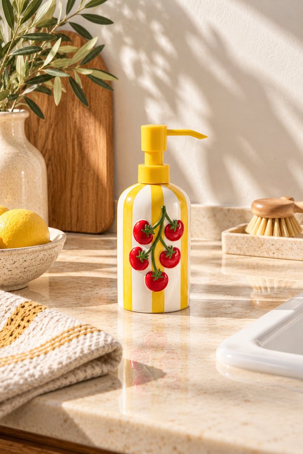 Olive and Tomato Patterned Pump Liquid Soap Dispenser – Embossed Fruit Figured Striped Decorative Kitchen and Bathroom Soap Dispenser