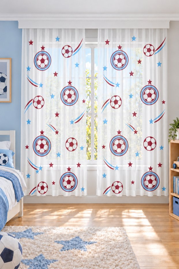 Burgundy Blue Soccer Ball Children's Room Tulle Curtain