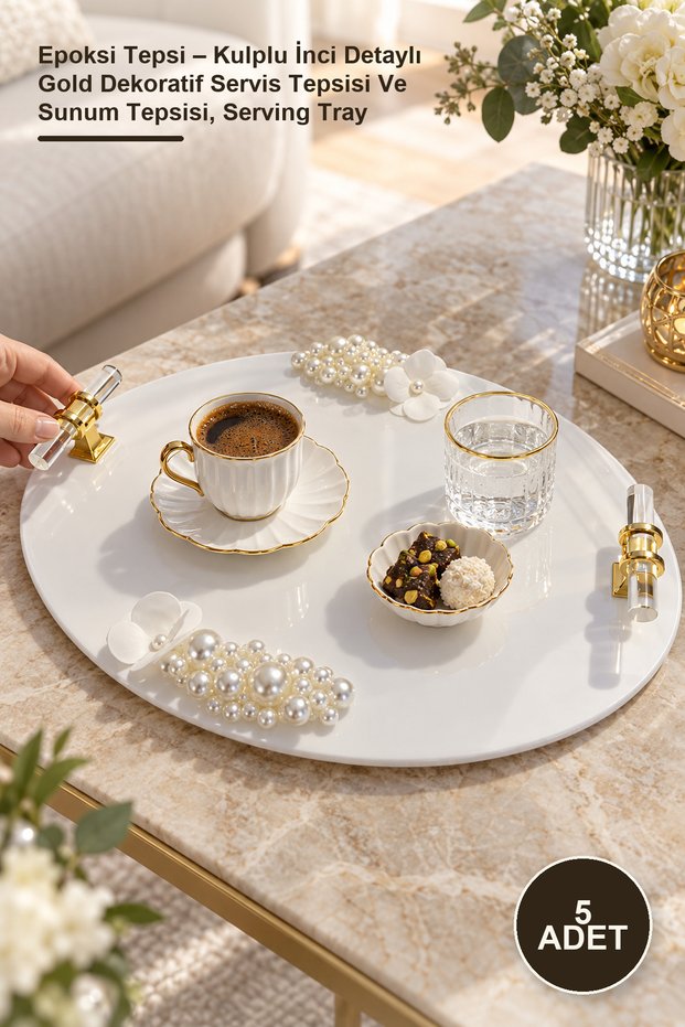 5 Pieces of Epoxy Tray – Gold Decorative Serving Tray with Pearl Detail and Handles, Presentation Tray, Serving Tray