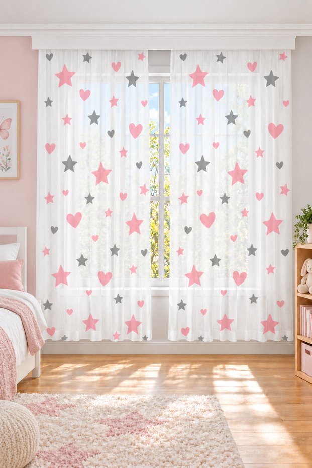 Pink Gray and Star Patterned Girl's Rug
