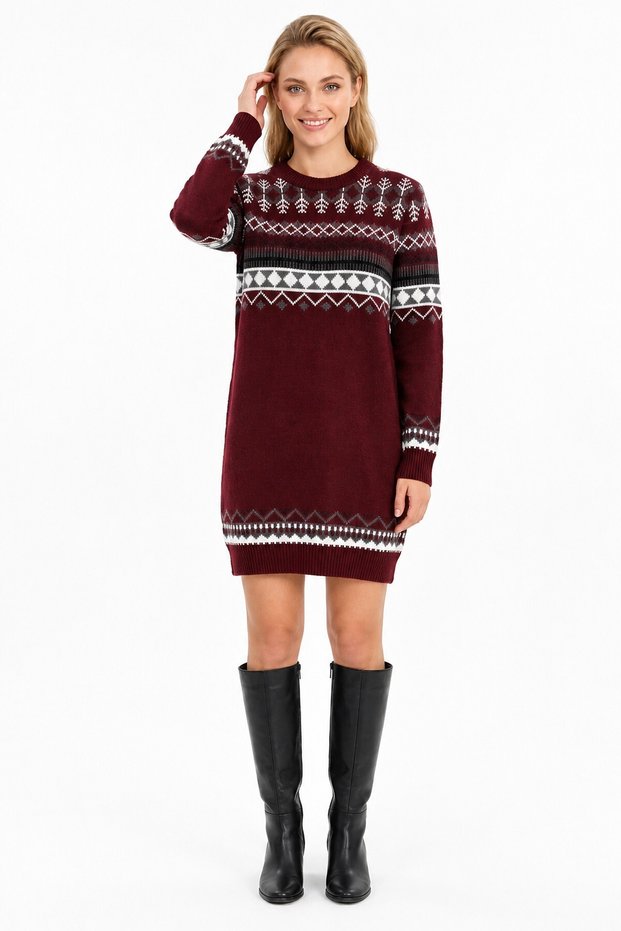 Women's Mixed Patterned Crew Neck Long Sleeve Thick Winter Casual Knitwear Tunic Sweater