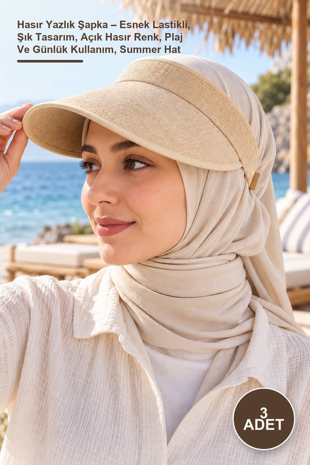3 Pieces of Straw Summer Hats – Flexible Elastic, Stylish Design, Light Straw Color, Beach and Daily Use, Summer Hat