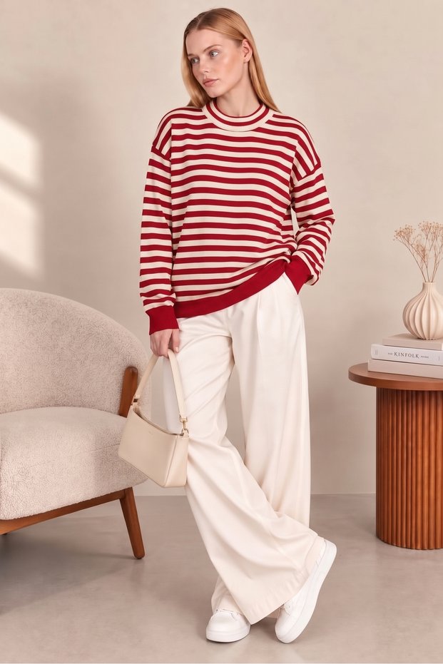 New Season Women's Striped Patterned Relax Fit Comfortable Cut Soft Texture Crew Neck Low Sleeve Knitwear Sweater
