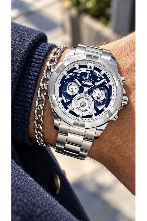 Functions Active Silver Color Steel Strap Navy Blue Dial Sports Men's Wristwatch+Chain Bracelet