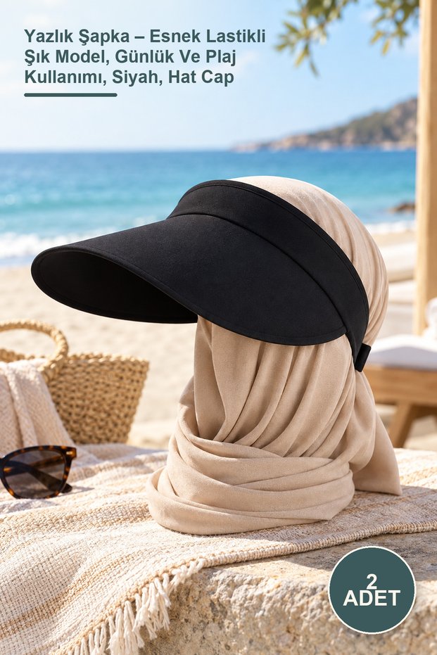2 Pieces of Summer Hats – Stylish Model with Flexible Elastic, for Daily and Beach Use, Black, Hat Cap