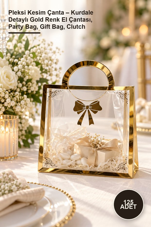 125 Pieces of Plexi Cut Bags – Gold Color Hand Bag with Ribbon Detail, Party Bag, Gift Bag, Clutch