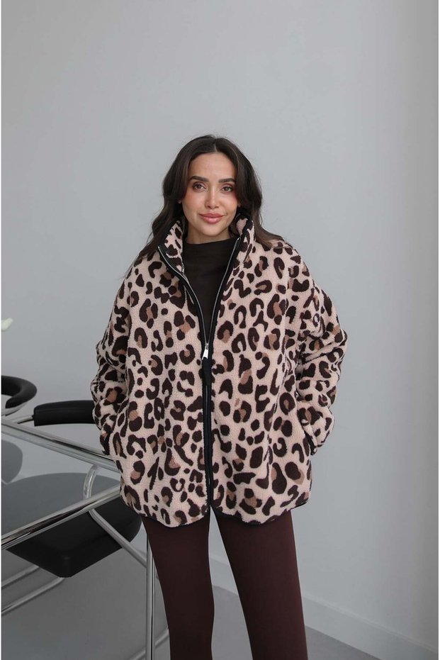 Black Piping Leopard Pattern Fleece Jacket