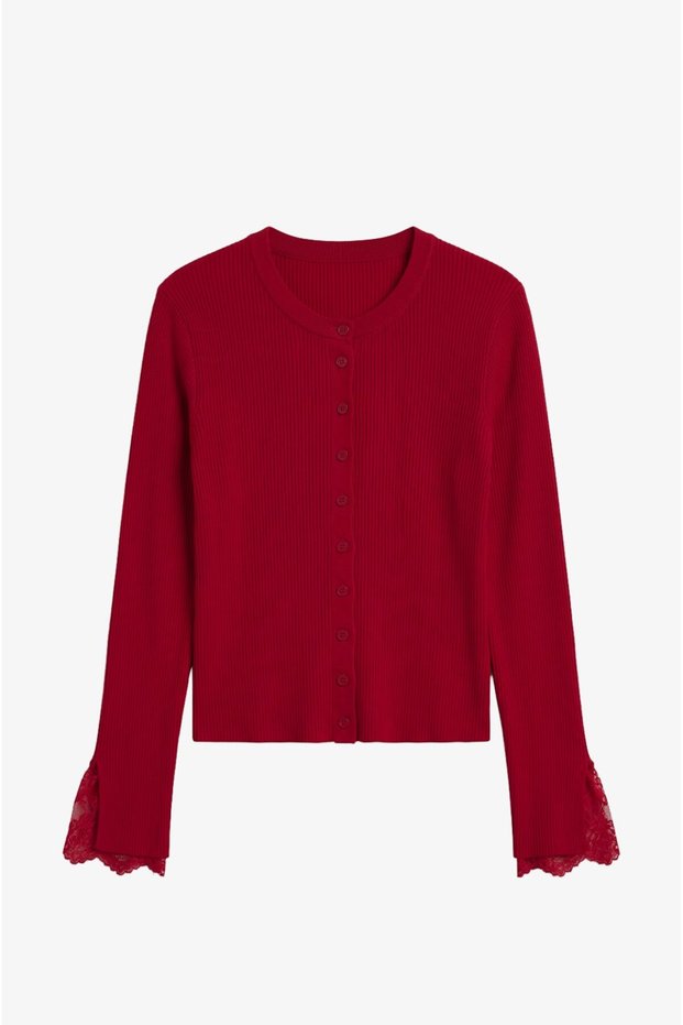 Red Cardigan with Lace Detail on the Sleeves