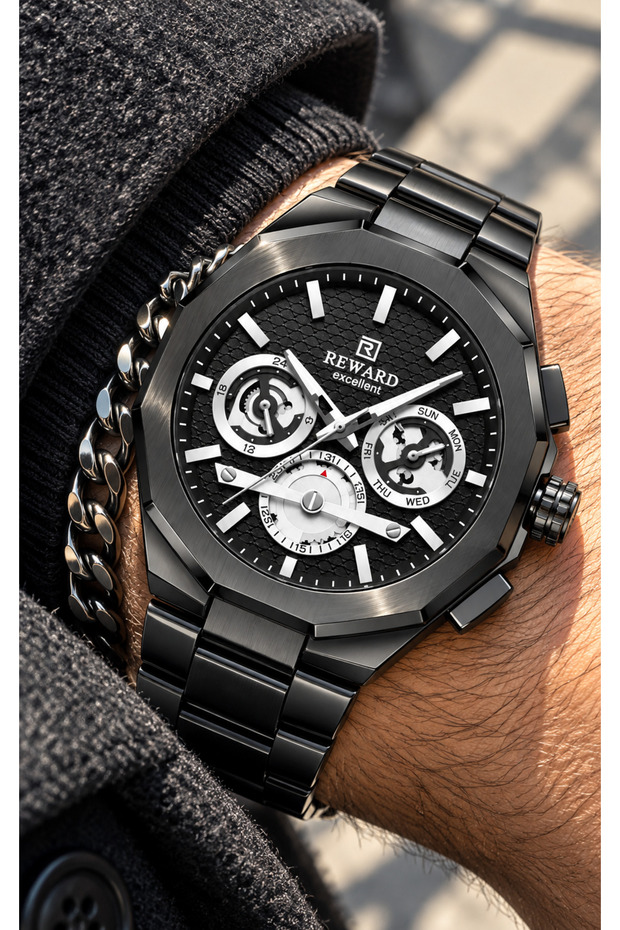 Stylish Gift Boxed-Functional Active-Black Color Steel Cord,Sports Men's Wristwatch+Chain Bracelet