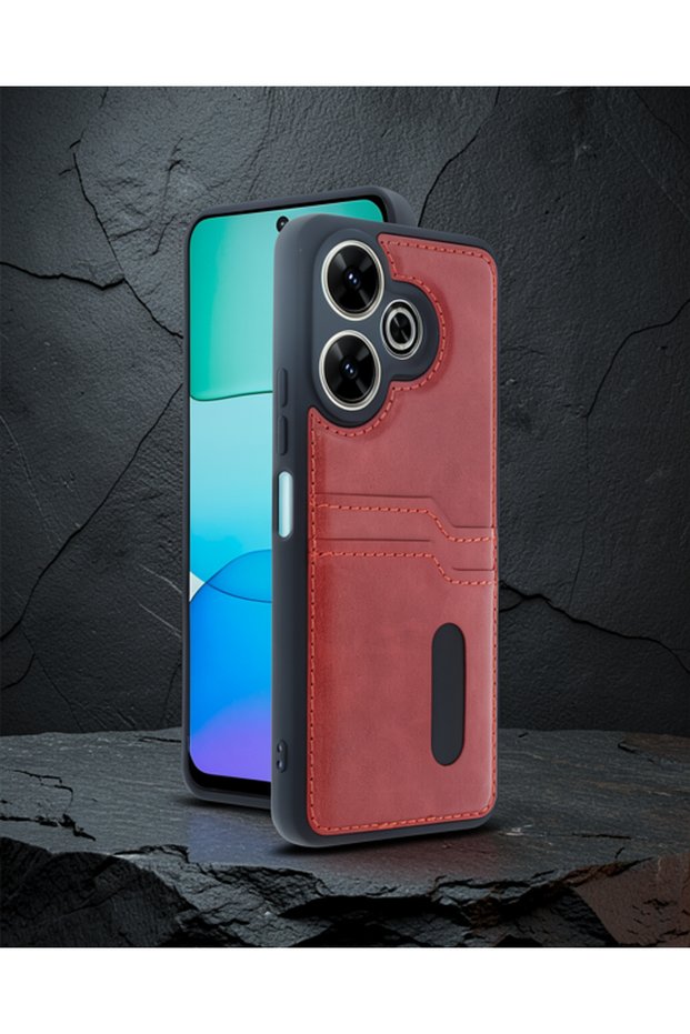 Xiaomi Redmi 13 4g Case Sara Leather Case with Business Card Holder - Red