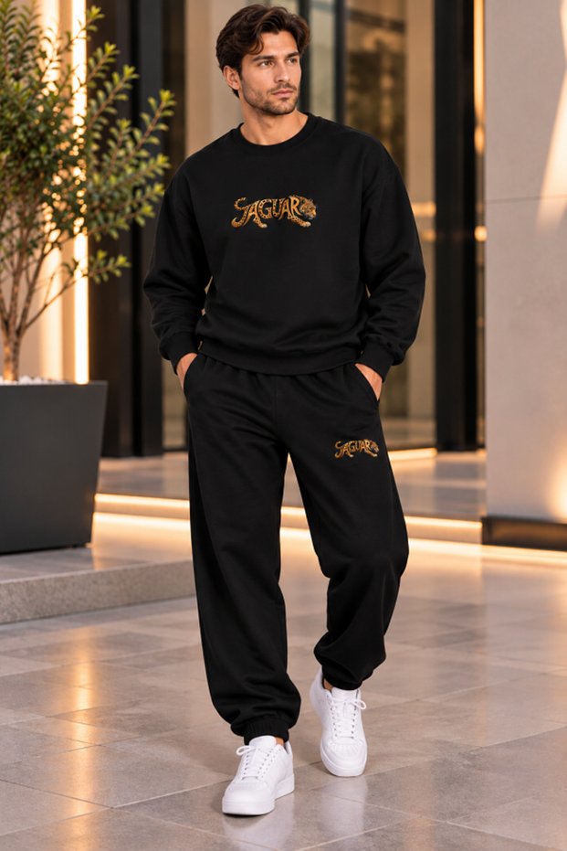 Men's Unisex Jaguar Printed Black Oversize Sweatshirt and Seasonal Sweatpants 2-Piece Set