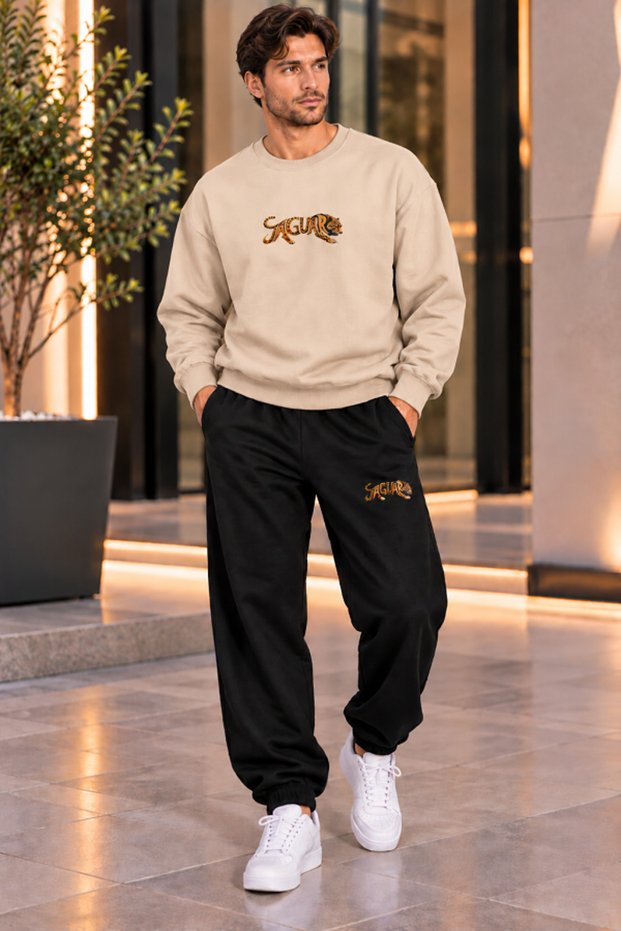 Men's Unisex Jaguar Printed Black Oversize Sweatshirt and Seasonal Sweatpants 2-Piece Set