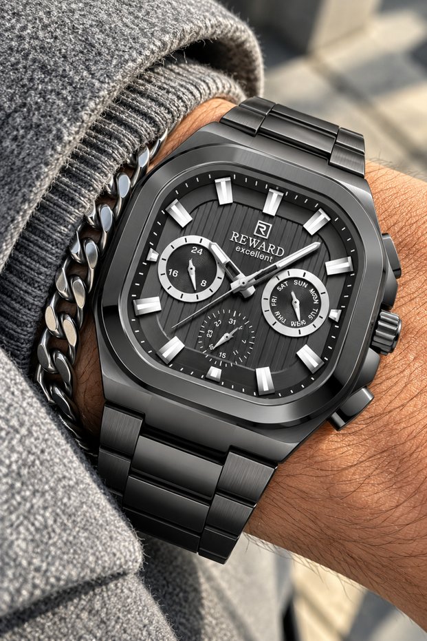 Square Smoked Dial-Smoked Color Steel Strap-Functional Active Men's Wristwatch+Chain Bracelet