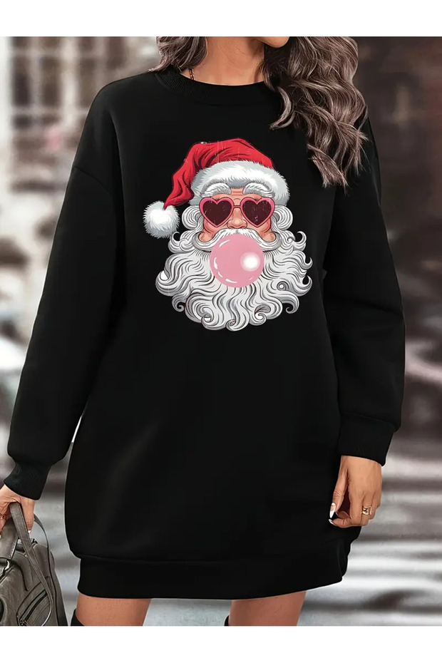 Women's Santa Claus Printed Fleece Sweatshirt Dress