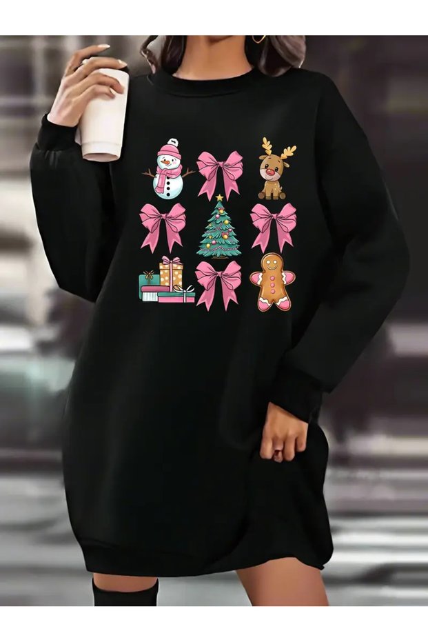 Women's Christmas Patterned Black Oversized Sweatshirt Dress