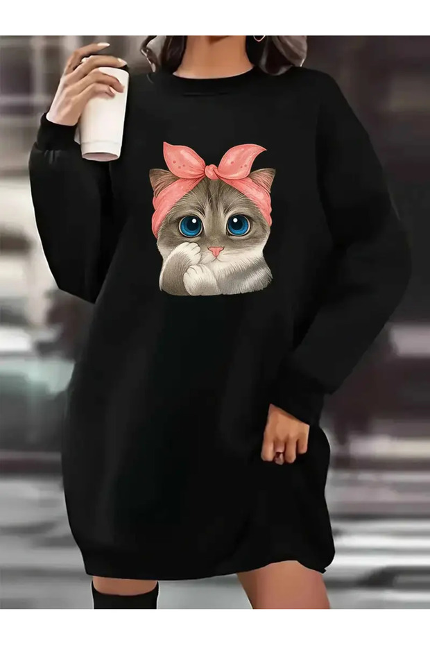 Women's Cat Printed Black Oversized Sweatshirt Dress