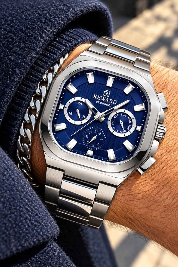 Square Dark Blue Dial-Silver Color Steel Strap-Functional Active Men's Wristwatch+Chain Bracelet
