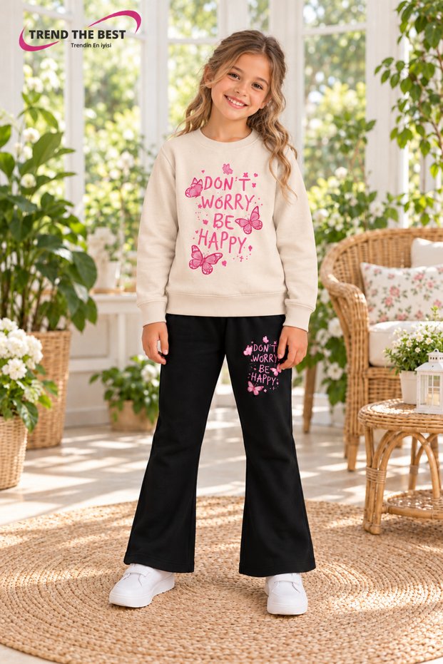 Winter, Spring, and Autumn Girls' Black Spanish Flared Bottoms and Beige Sweat Top