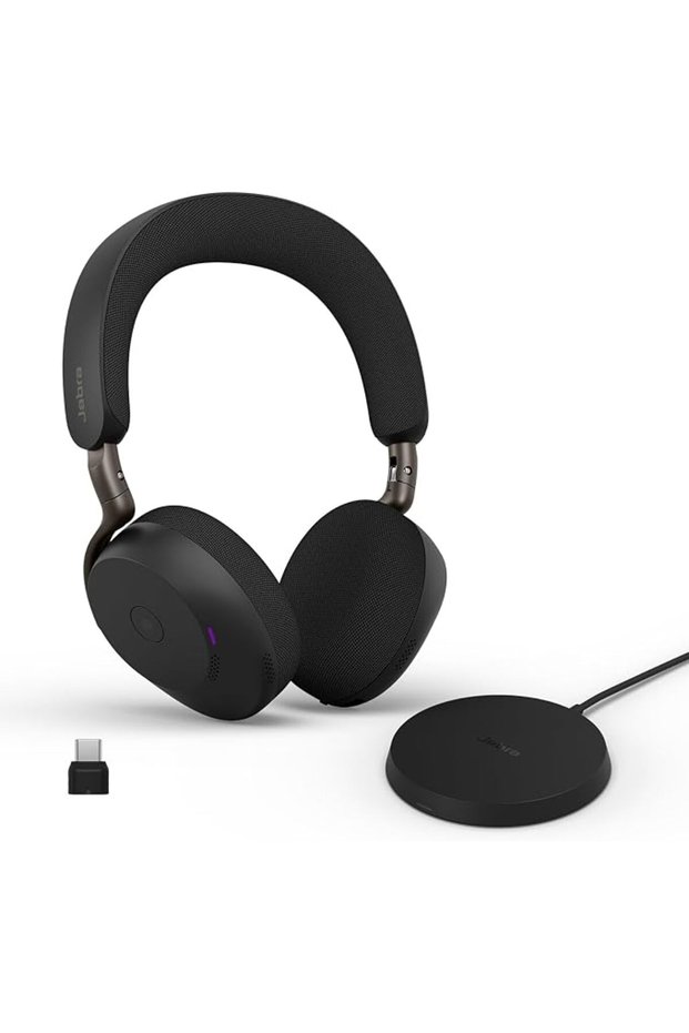 سماعة رأس لاسلكية بتقنية البلوتوث Evolve3 75 مع ميكروفون، مثالية للعمل، وتدعم واجهة USB-A، وتتيح إجراء مكالمات صوتية بتقنية الذكاء الاصطناعي.