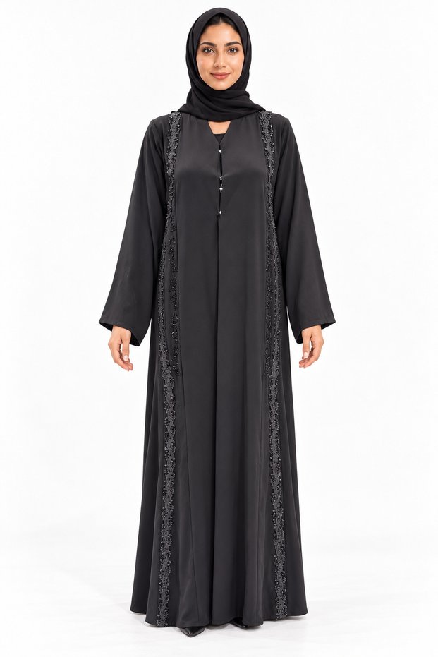 Abaya with Vertical Plant Pattern Edges | Botanical Border Abaya