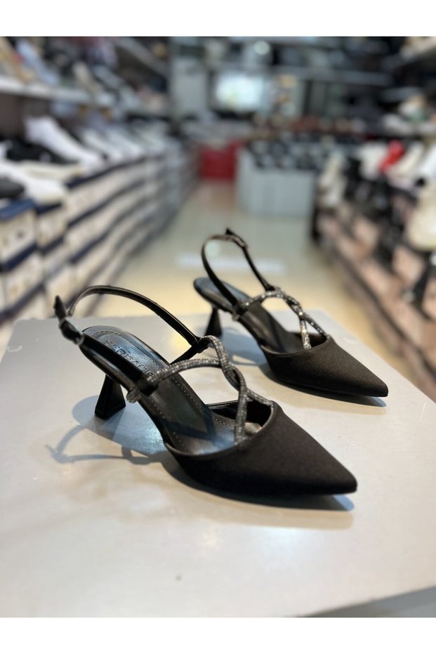 Serrace Material Embellished -Heeled Elegant Shoes with Rhinestones