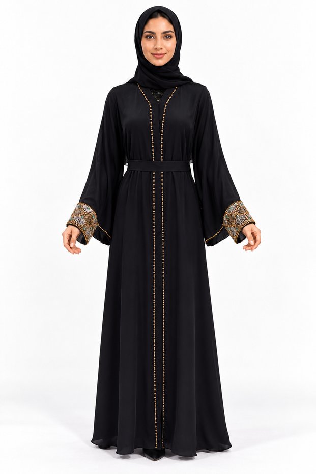 Abaya with Embellished Cuffs and Belt | Ornate Cuff Belted Abaya