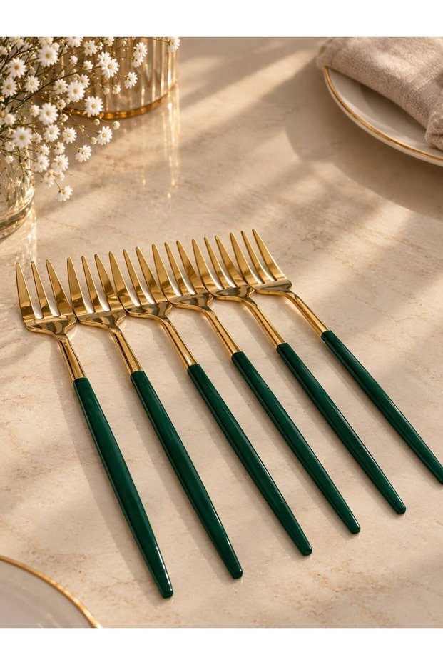 Luxury Gold Dessert Fork Set of 6 (13 cm) - Stainless Steel Cake Forks with Black & Emerald Green Handles