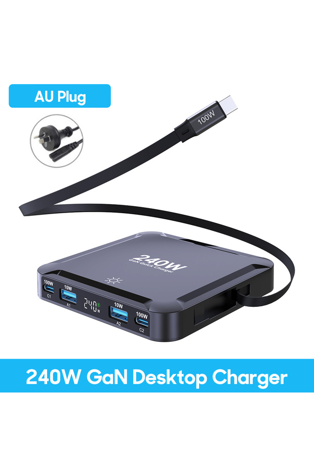 AU Plug Ubigbuy 240W GaN Charger Digital Display Fast Charging Station with 100W USB C Retractable C