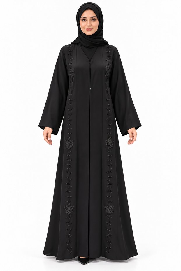 Abaya with Vertical Floral Patterns | Tonal Floral Panel Abaya