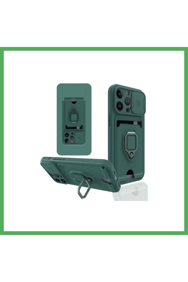 iPhone 13 Pro Compatible Case Zuma Silicone with Business Card Holder and Ring - Green Bezoss