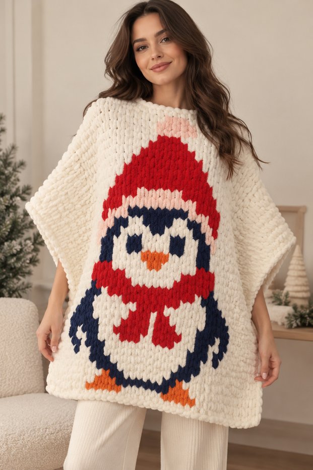 Pingu Pixel Art Christmas Themed Handmade Design Poncho