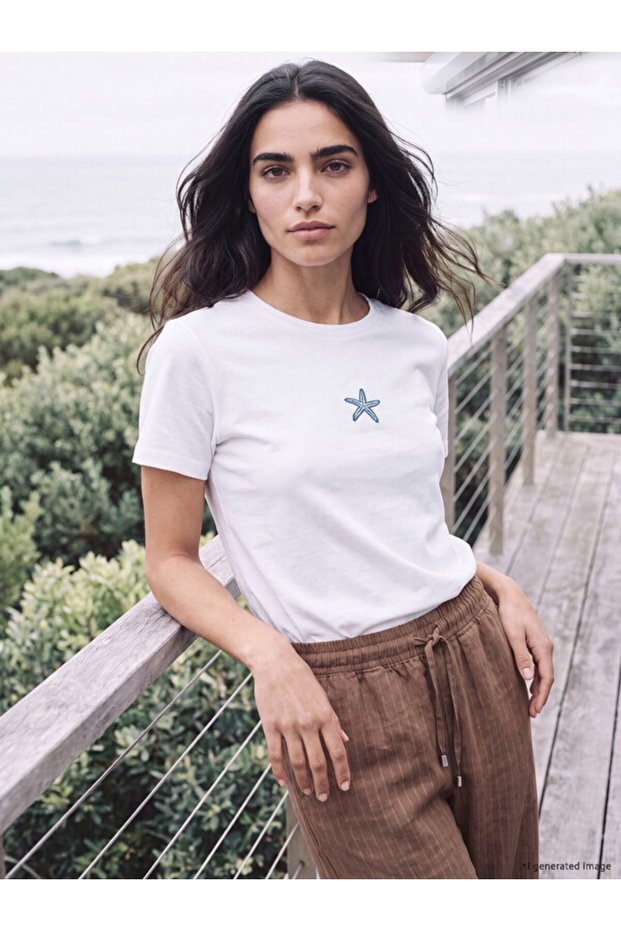 Esvab • Modern & Distinctive Star Embroidered 100% Cotton Women's T-Shirt