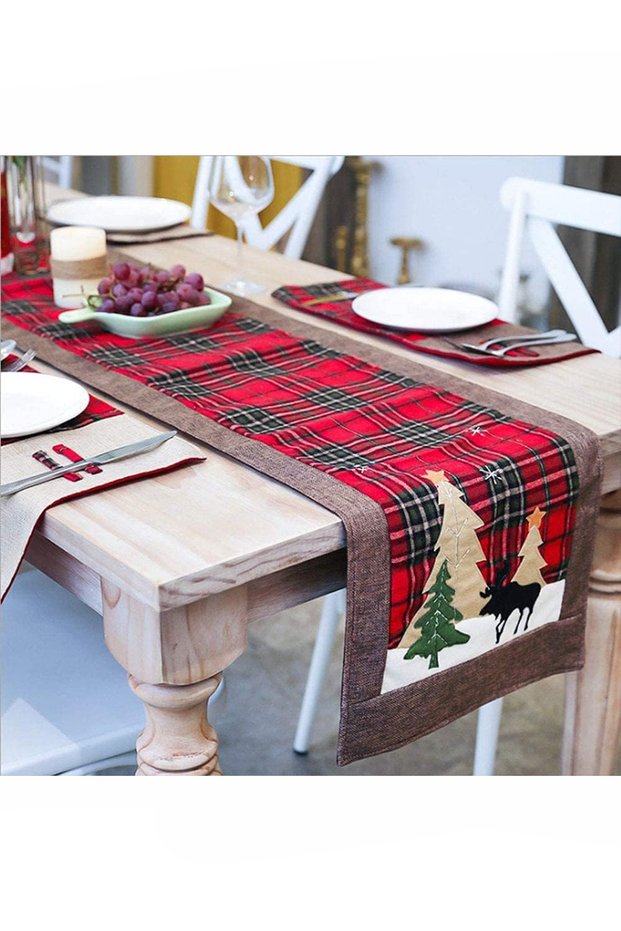 Christmas Table Runner,Christmas Tablecloth,Christmas Black and Red Buffalo Plaid Lattice Elk Table Runner Cotton Table Cover Dinner Mats for Xmas New Year Party Table Decoration，14x70 Inch