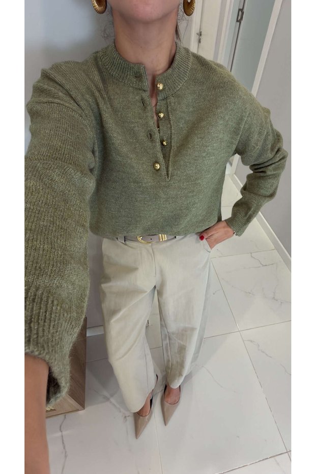 Jolly Light Green Gold Button Detailed Knitwear