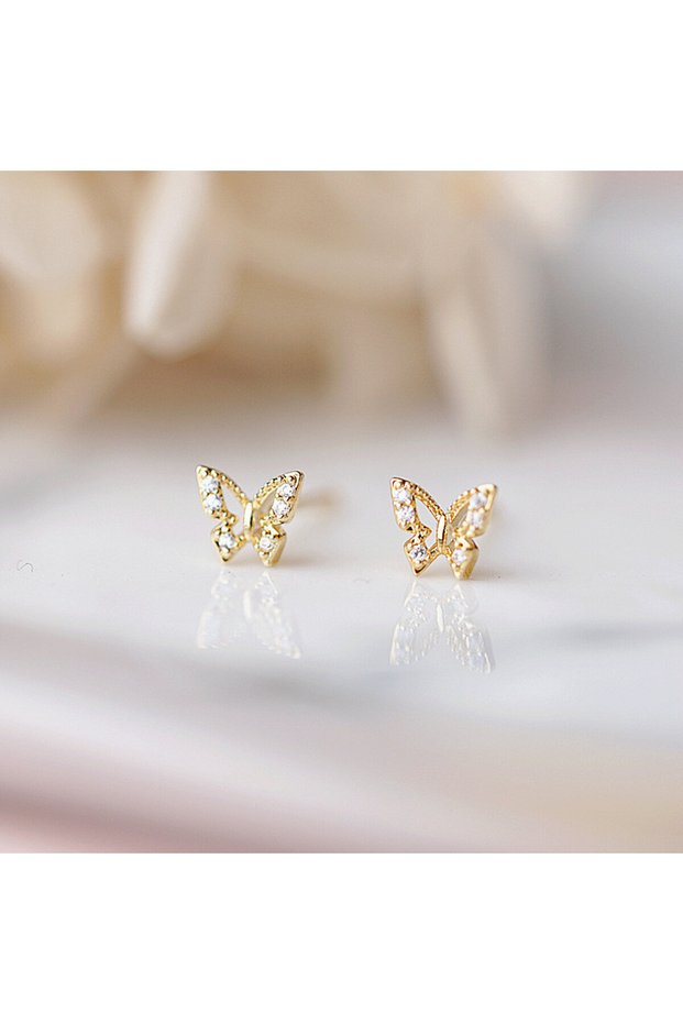 Gold 925 Sterling Silver Korean Exquisite Quality Inlaid Crystal Butterfly Stud Earrings Women Class