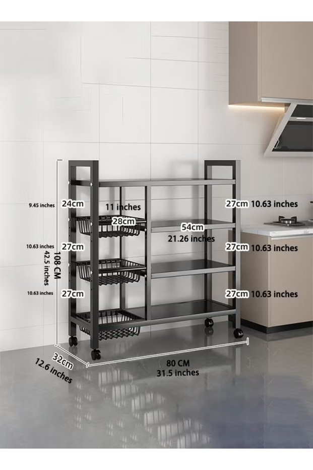 Kitchen Organizers, 4-Tier Storage Rack with Sunken Mesh Basket, Large Capacity Shelving Unit, Freestanding Metal Rack, Easy-to-Assemble Storage Rack for Garage Kitchen, Basement, Pantry