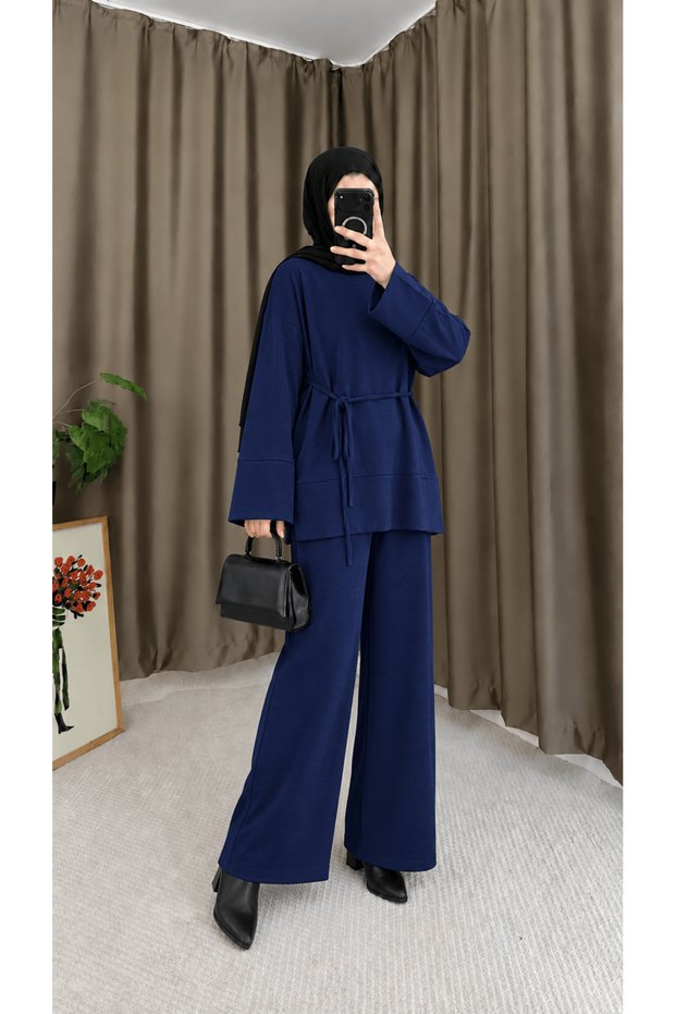 Crew Neck Slit Detailed Pant Suit - 4236 - Navy Blue