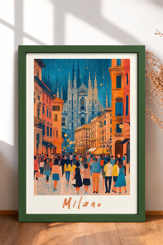 Milano Cathedral Street with Stretched Lamp Post Framed Painting Italy Poster Wall Decor Itp050