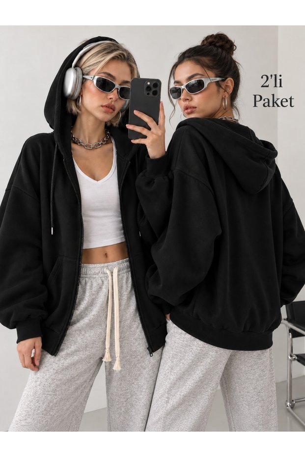 Women's 2-Pack Loose Sleeve Oversize Hooded Full Zipper Pocket Casual Cotton Cardigan