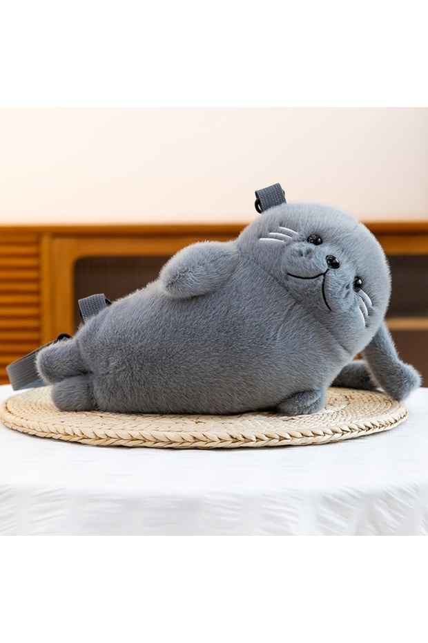 Grey-B Soft Fluffy Cute Seal Shoulder Bag Cartoon Lightweight Phone Bag Adjustable Straps Plush Fabr