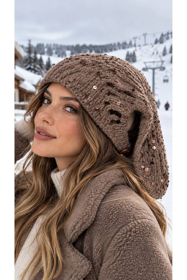 Mink Button Detailed Sequin Embroidered Hand Knitted Women's Beanie