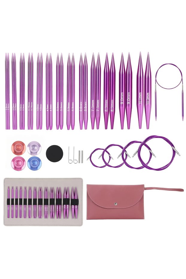 PURPLE 13Pairs Interchangeable Circular Knitting Needles Set Aluminum Purple Knitting Pins Kit with