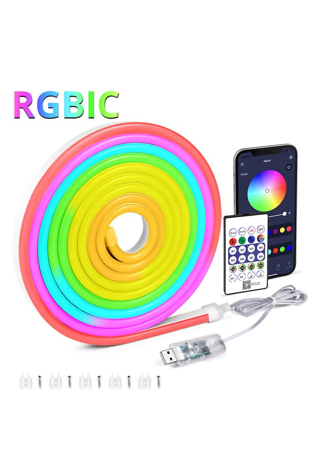 USB Type-C 5m RGBIC RGBIC Neon LED Strip Light DC5V USB Powered Bluetooth Music Sync Rope Tape Water