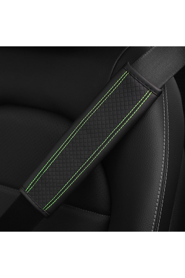 BK green PU Leather Car Shoulder Guard Cover Set with Embossed Check Pattern Seat Belt Decoration In