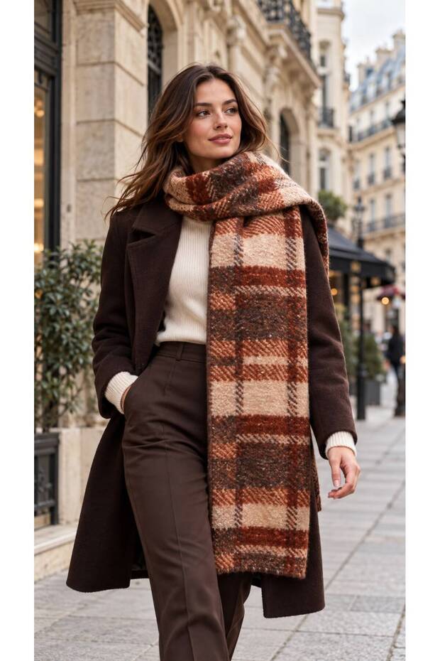 Tile Block Plaid Patterned Soft Textured Women's Scarf