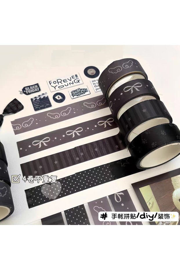 4Pcs-A 4/6 Pcs Korean Aesthetic Black Grey Washi Tape Bow Star Heart Cloud Decorative Masking Tape J